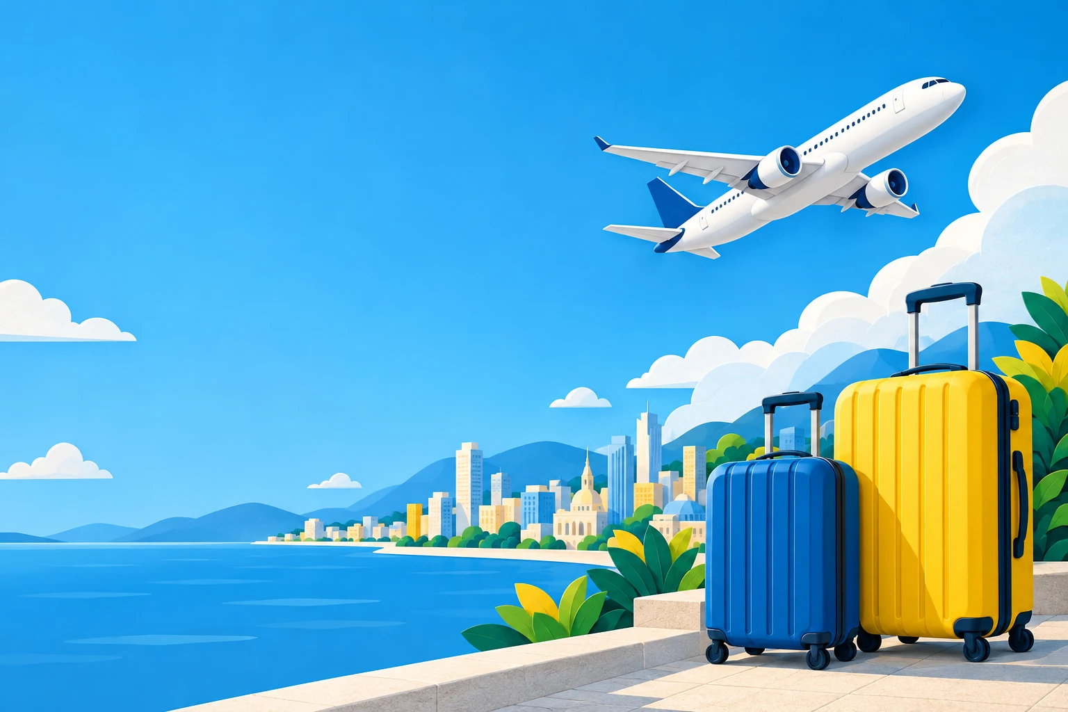 Reiseillustration mit Flugzeug und gelben Koffern